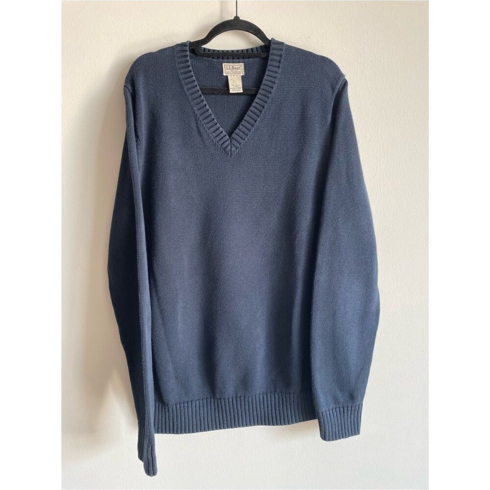 Vintage 90s LL Bean Sweater Navy 100% Cotton V-Neck Preppy Coastal L Tall
